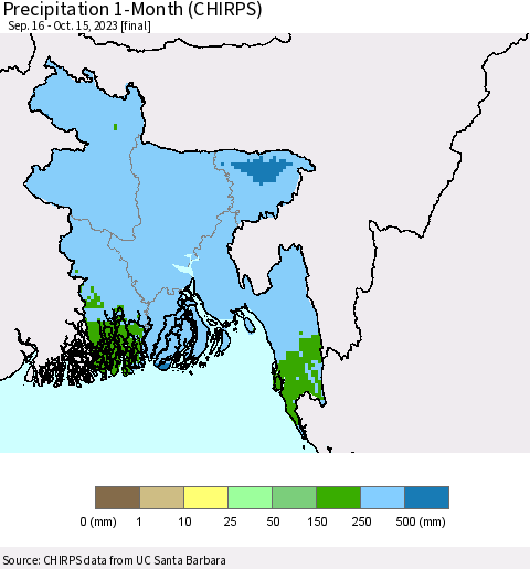 Bangladesh Precipitation 1-Month (CHIRPS) Thematic Map For 9/16/2023 - 10/15/2023