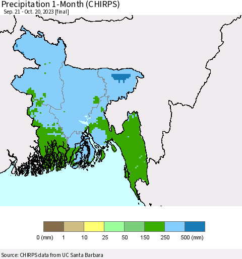 Bangladesh Precipitation 1-Month (CHIRPS) Thematic Map For 9/21/2023 - 10/20/2023
