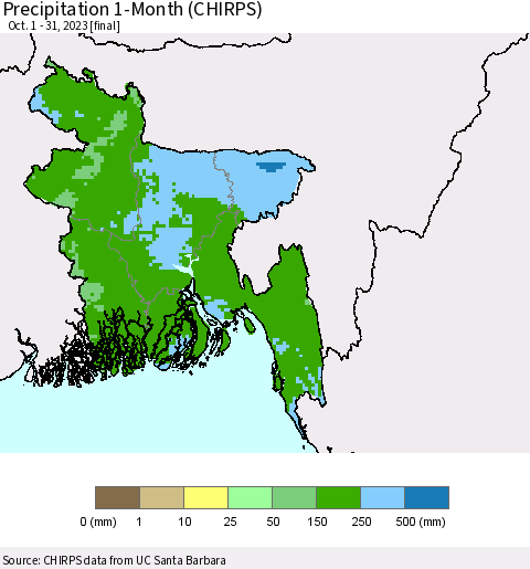 Bangladesh Precipitation 1-Month (CHIRPS) Thematic Map For 10/1/2023 - 10/31/2023