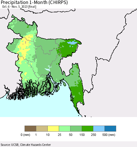 Bangladesh Precipitation 1-Month (CHIRPS) Thematic Map For 10/6/2023 - 11/5/2023