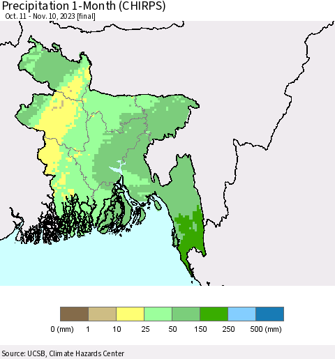Bangladesh Precipitation 1-Month (CHIRPS) Thematic Map For 10/11/2023 - 11/10/2023