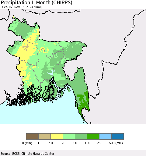 Bangladesh Precipitation 1-Month (CHIRPS) Thematic Map For 10/16/2023 - 11/15/2023
