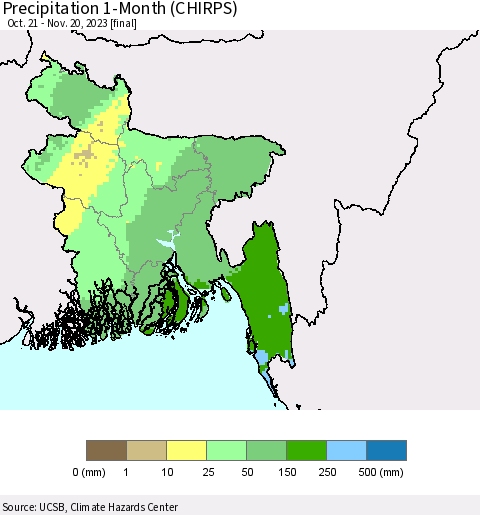 Bangladesh Precipitation 1-Month (CHIRPS) Thematic Map For 10/21/2023 - 11/20/2023