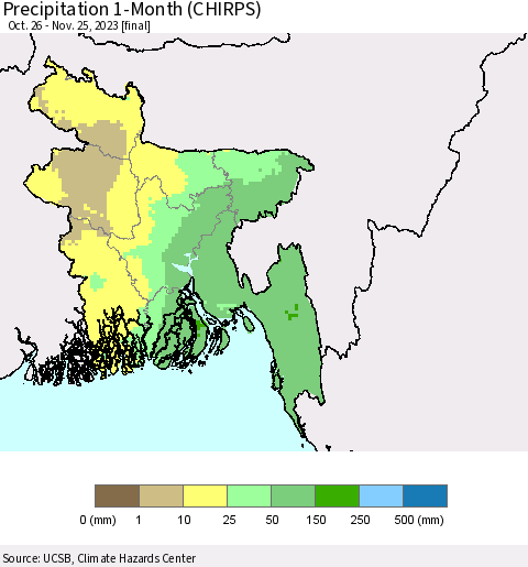 Bangladesh Precipitation 1-Month (CHIRPS) Thematic Map For 10/26/2023 - 11/25/2023