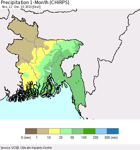 Bangladesh Precipitation 1-Month (CHIRPS) Thematic Map For 11/11/2023 - 12/10/2023
