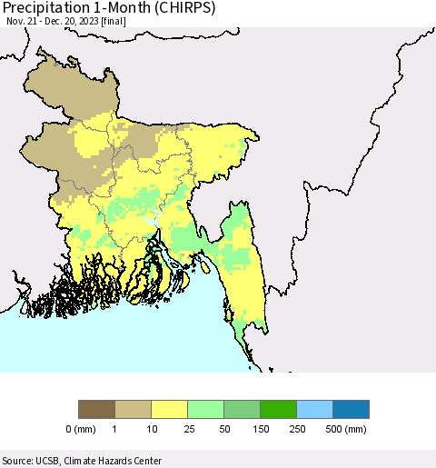 Bangladesh Precipitation 1-Month (CHIRPS) Thematic Map For 11/21/2023 - 12/20/2023