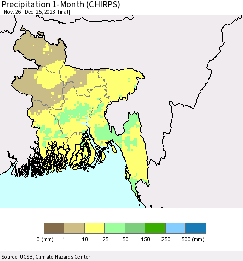 Bangladesh Precipitation 1-Month (CHIRPS) Thematic Map For 11/26/2023 - 12/25/2023