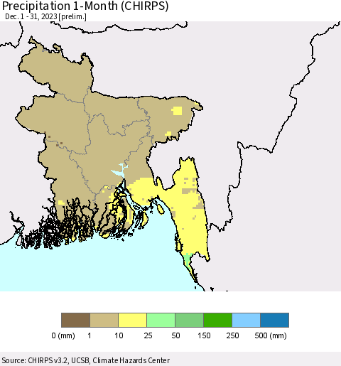 Bangladesh Precipitation 1-Month (CHIRPS) Thematic Map For 12/1/2023 - 12/31/2023