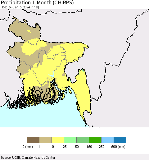 Bangladesh Precipitation 1-Month (CHIRPS) Thematic Map For 12/6/2023 - 1/5/2024