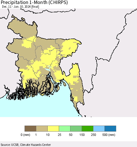 Bangladesh Precipitation 1-Month (CHIRPS) Thematic Map For 12/11/2023 - 1/10/2024