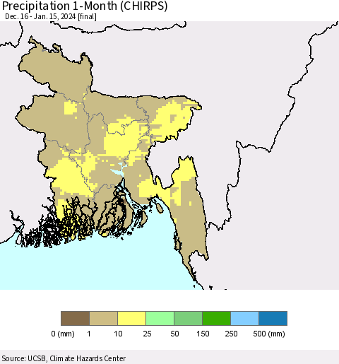 Bangladesh Precipitation 1-Month (CHIRPS) Thematic Map For 12/16/2023 - 1/15/2024