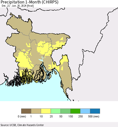 Bangladesh Precipitation 1-Month (CHIRPS) Thematic Map For 12/21/2023 - 1/20/2024