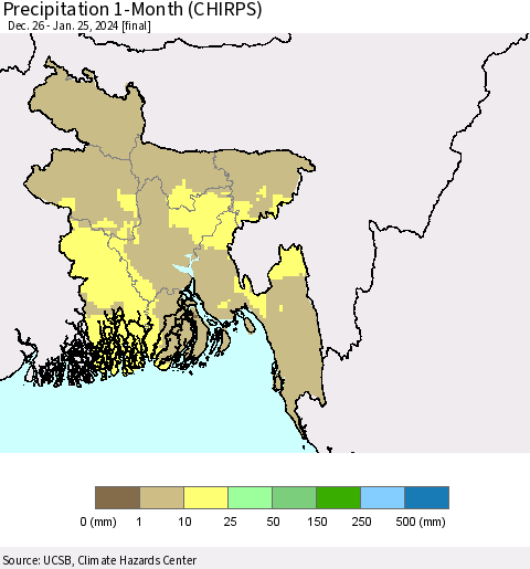 Bangladesh Precipitation 1-Month (CHIRPS) Thematic Map For 12/26/2023 - 1/25/2024