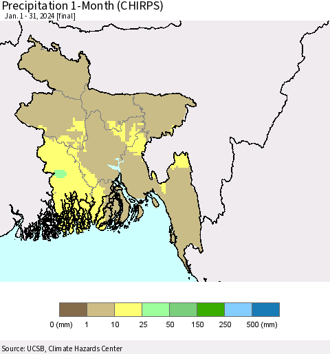 Bangladesh Precipitation 1-Month (CHIRPS) Thematic Map For 1/1/2024 - 1/31/2024