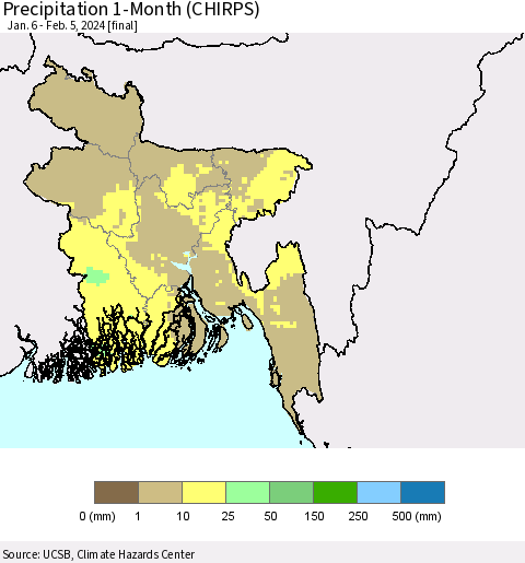 Bangladesh Precipitation 1-Month (CHIRPS) Thematic Map For 1/6/2024 - 2/5/2024