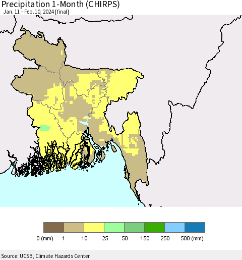 Bangladesh Precipitation 1-Month (CHIRPS) Thematic Map For 1/11/2024 - 2/10/2024