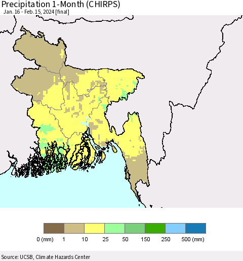 Bangladesh Precipitation 1-Month (CHIRPS) Thematic Map For 1/16/2024 - 2/15/2024