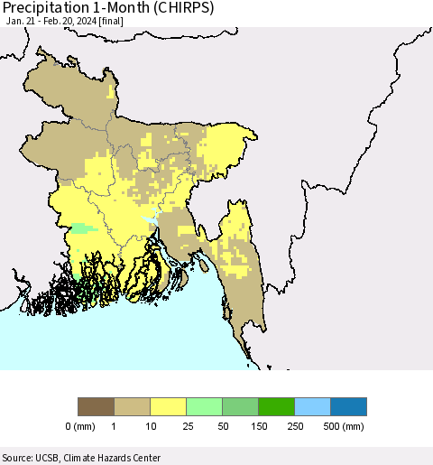 Bangladesh Precipitation 1-Month (CHIRPS) Thematic Map For 1/21/2024 - 2/20/2024