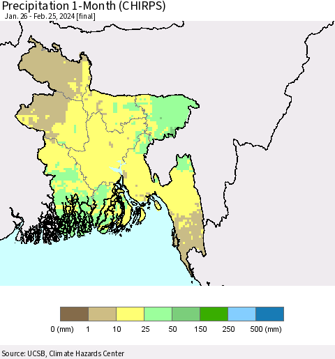 Bangladesh Precipitation 1-Month (CHIRPS) Thematic Map For 1/26/2024 - 2/25/2024