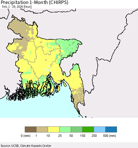 Bangladesh Precipitation 1-Month (CHIRPS) Thematic Map For 2/1/2024 - 2/29/2024