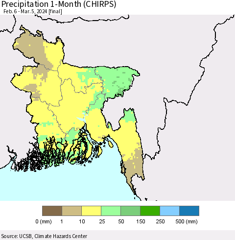 Bangladesh Precipitation 1-Month (CHIRPS) Thematic Map For 2/6/2024 - 3/5/2024