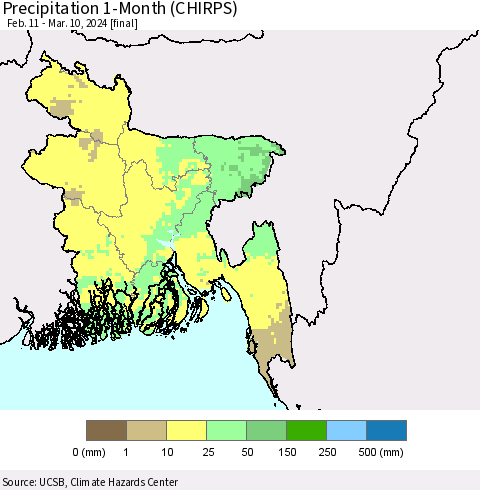 Bangladesh Precipitation 1-Month (CHIRPS) Thematic Map For 2/11/2024 - 3/10/2024