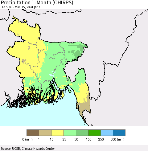 Bangladesh Precipitation 1-Month (CHIRPS) Thematic Map For 2/16/2024 - 3/15/2024