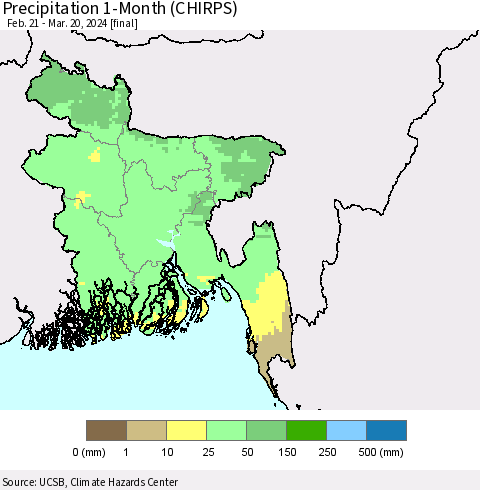 Bangladesh Precipitation 1-Month (CHIRPS) Thematic Map For 2/21/2024 - 3/20/2024