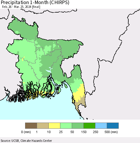 Bangladesh Precipitation 1-Month (CHIRPS) Thematic Map For 2/26/2024 - 3/25/2024