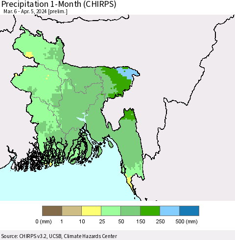 Bangladesh Precipitation 1-Month (CHIRPS) Thematic Map For 3/6/2024 - 4/5/2024