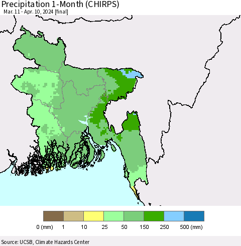 Bangladesh Precipitation 1-Month (CHIRPS) Thematic Map For 3/11/2024 - 4/10/2024