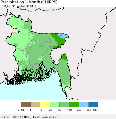Bangladesh Precipitation 1-Month (CHIRPS) Thematic Map For 3/11/2024 - 4/10/2024