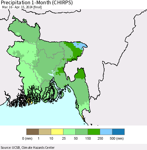 Bangladesh Precipitation 1-Month (CHIRPS) Thematic Map For 3/16/2024 - 4/15/2024