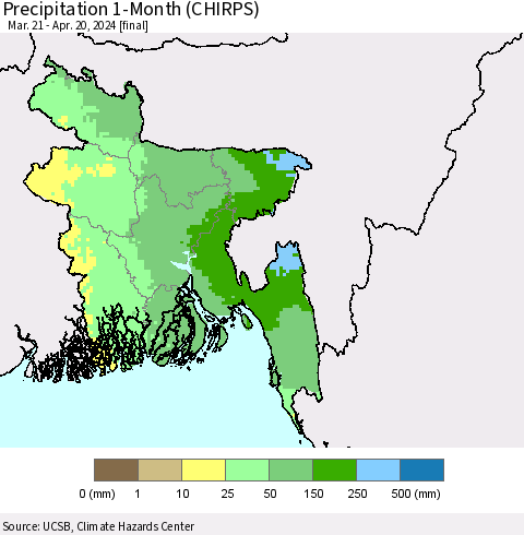 Bangladesh Precipitation 1-Month (CHIRPS) Thematic Map For 3/21/2024 - 4/20/2024