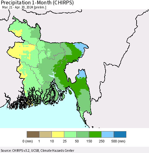 Bangladesh Precipitation 1-Month (CHIRPS) Thematic Map For 3/21/2024 - 4/20/2024