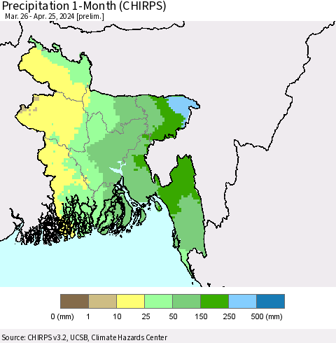 Bangladesh Precipitation 1-Month (CHIRPS) Thematic Map For 3/26/2024 - 4/25/2024