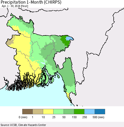 Bangladesh Precipitation 1-Month (CHIRPS) Thematic Map For 4/1/2024 - 4/30/2024