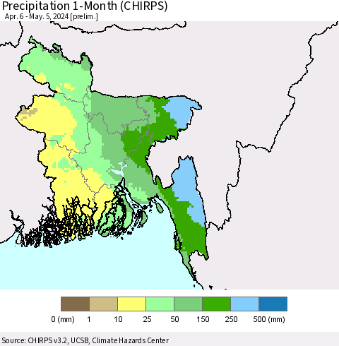 Bangladesh Precipitation 1-Month (CHIRPS) Thematic Map For 4/6/2024 - 5/5/2024