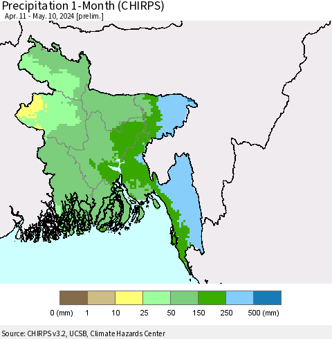 Bangladesh Precipitation 1-Month (CHIRPS) Thematic Map For 4/11/2024 - 5/10/2024
