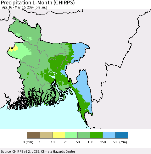 Bangladesh Precipitation 1-Month (CHIRPS) Thematic Map For 4/16/2024 - 5/15/2024