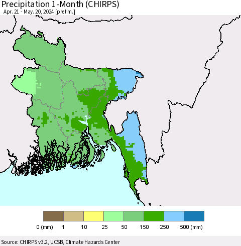 Bangladesh Precipitation 1-Month (CHIRPS) Thematic Map For 4/21/2024 - 5/20/2024