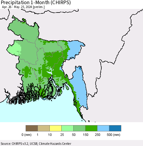 Bangladesh Precipitation 1-Month (CHIRPS) Thematic Map For 4/26/2024 - 5/25/2024