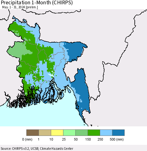 Bangladesh Precipitation 1-Month (CHIRPS) Thematic Map For 5/1/2024 - 5/31/2024