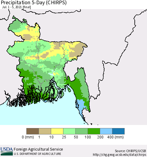 Bangladesh Precipitation 5-Day (CHIRPS) Thematic Map For 7/1/2021 - 7/5/2021