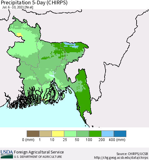 Bangladesh Precipitation 5-Day (CHIRPS) Thematic Map For 7/6/2021 - 7/10/2021