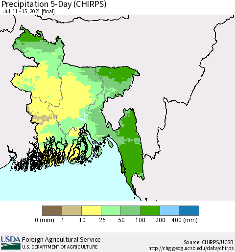 Bangladesh Precipitation 5-Day (CHIRPS) Thematic Map For 7/11/2021 - 7/15/2021