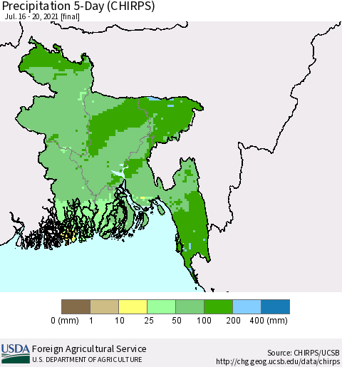 Bangladesh Precipitation 5-Day (CHIRPS) Thematic Map For 7/16/2021 - 7/20/2021