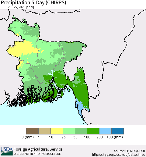 Bangladesh Precipitation 5-Day (CHIRPS) Thematic Map For 7/21/2021 - 7/25/2021