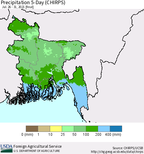 Bangladesh Precipitation 5-Day (CHIRPS) Thematic Map For 7/26/2021 - 7/31/2021