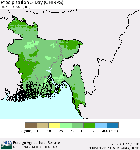 Bangladesh Precipitation 5-Day (CHIRPS) Thematic Map For 8/1/2021 - 8/5/2021